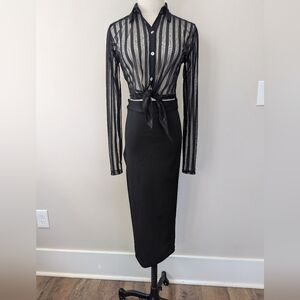 Bill Hallman Sheer Striped Pencil Midi Dress Retro Wiggle